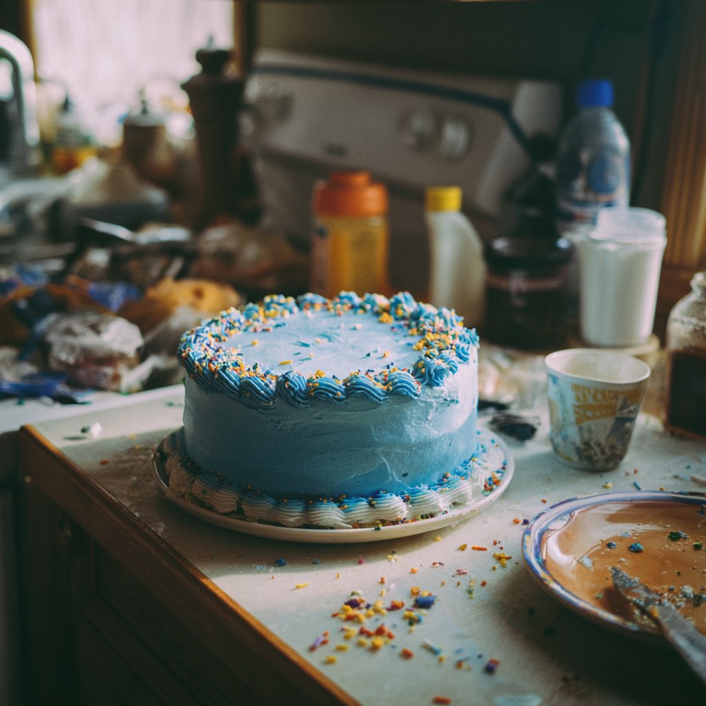 A homemade birthday cake on a counter | Source: Midjourney