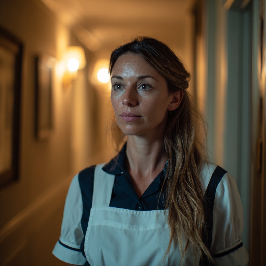 A pensive woman wearing a waitress uniform | Source: Midjourney
