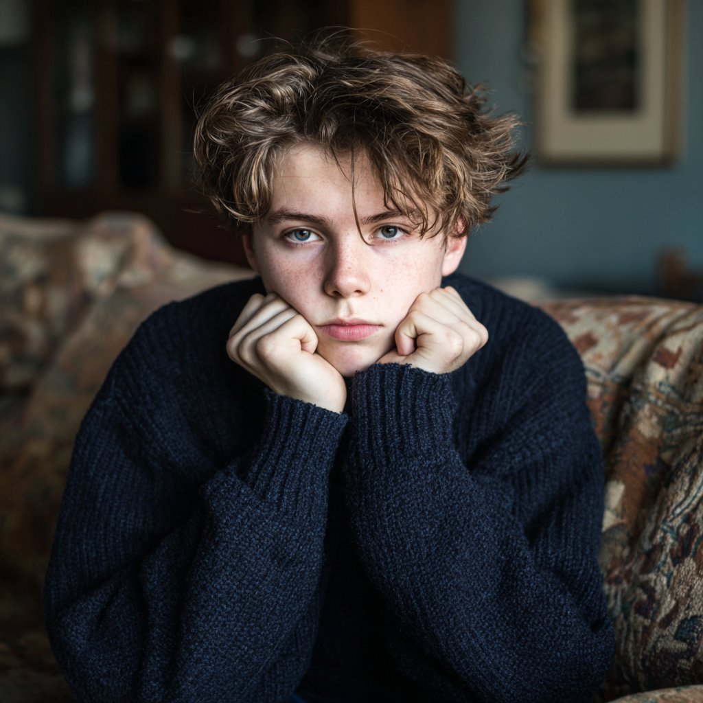 A teenage boy wearing a navy sweater | Source: Midjourney