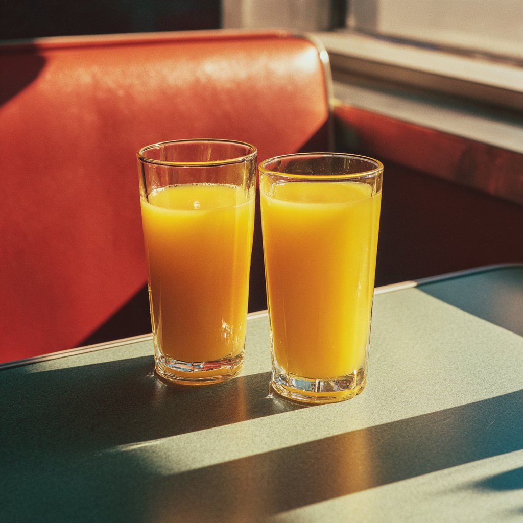 Glasses of orange juice on a table | Source: Midjourney