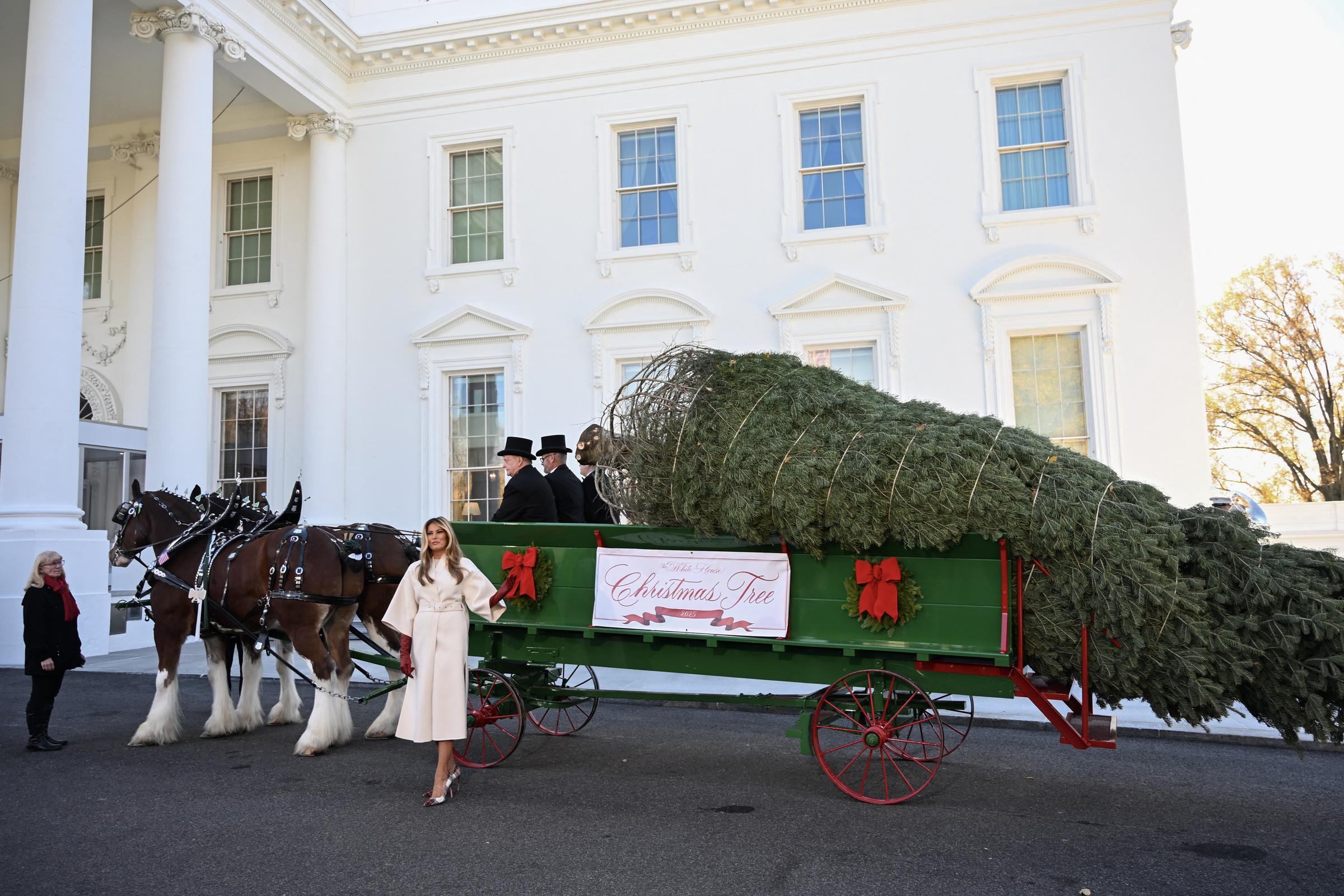 U.S. First Lady Melania Trump welcomes the official Christmas tree at the White House in Washington, D.C., on November 24, 2025. | Source: Getty Images