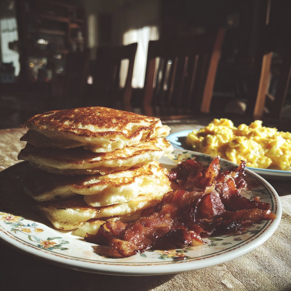 A plate of pancakes and bacon | Source: Midjourney