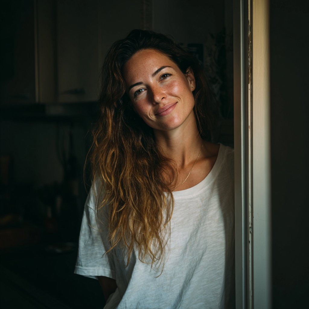 A smiling woman standing by the doorway | Source: Midjourney