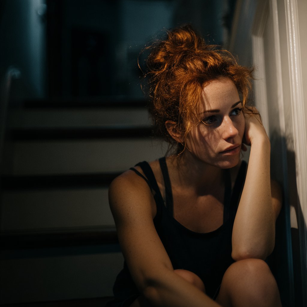 An emotional woman sitting on a staircase | Source: Midjourney