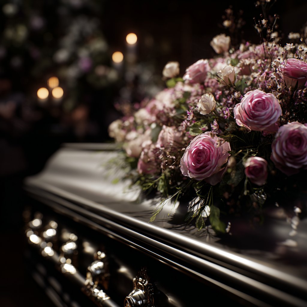 A bouquet of flowers on a casket | Source: Midjourney