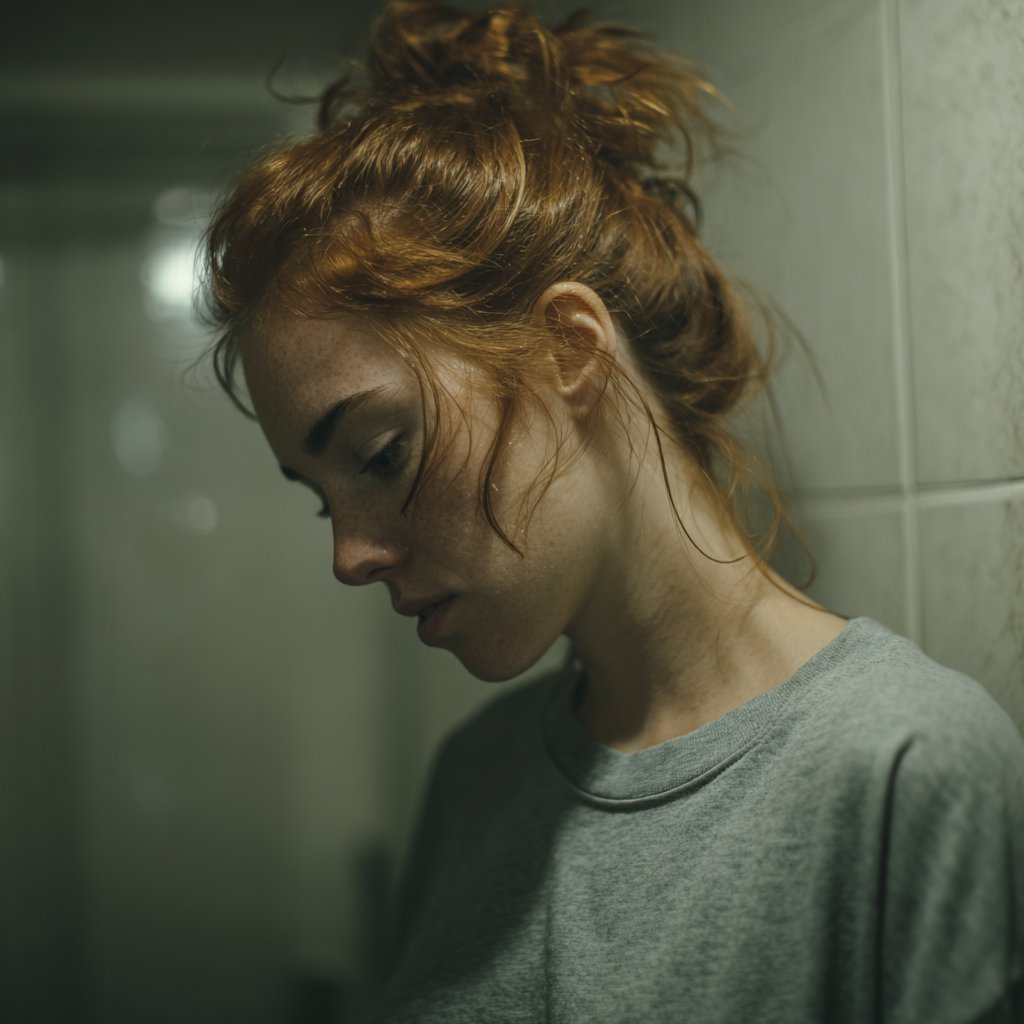 An emotional woman standing in a bathroom | Source: Midjourney