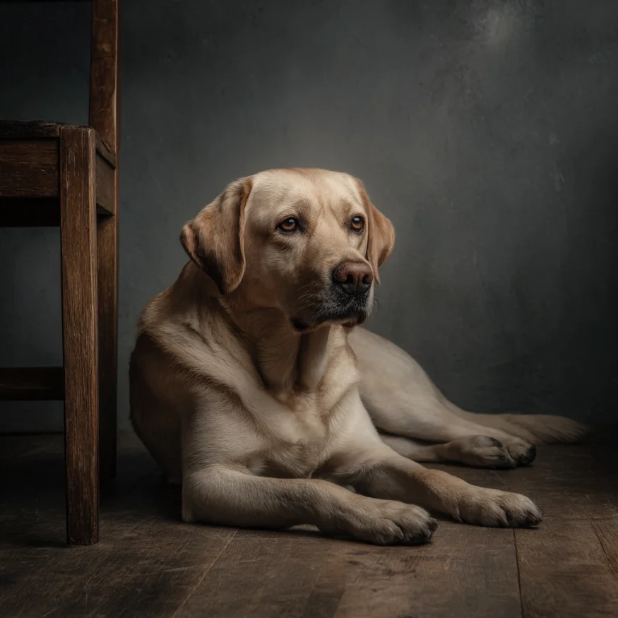 A dog lying next to a chair | Source: Midjourney