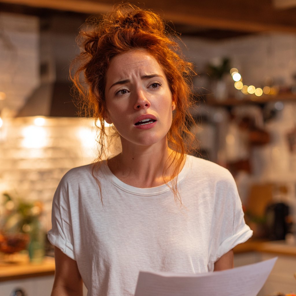 A frowning woman holding a piece of paper | Source: Midjourney