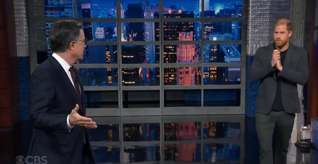 The Late Show with Stephen Colbert and guest Prince Harry during Wednesday's December 3, 2025 show. | Source: YouTube/ The Late Show with Stephen Colbert