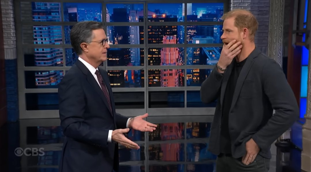 The Late Show with Stephen Colbert and guest Prince Harry during Wednesday's December 3, 2025 show. | Source: YouTube/ The Late Show with Stephen Colbert