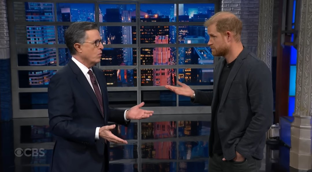 The Late Show with Stephen Colbert and guest Prince Harry during Wednesday's December 3, 2025 show. | Source: YouTube/ The Late Show with Stephen Colbert
