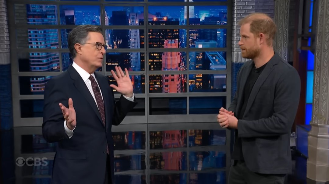 The Late Show with Stephen Colbert and guest Prince Harry during Wednesday's December 3, 2025 show. | Source: YouTube/ The Late Show with Stephen Colbert