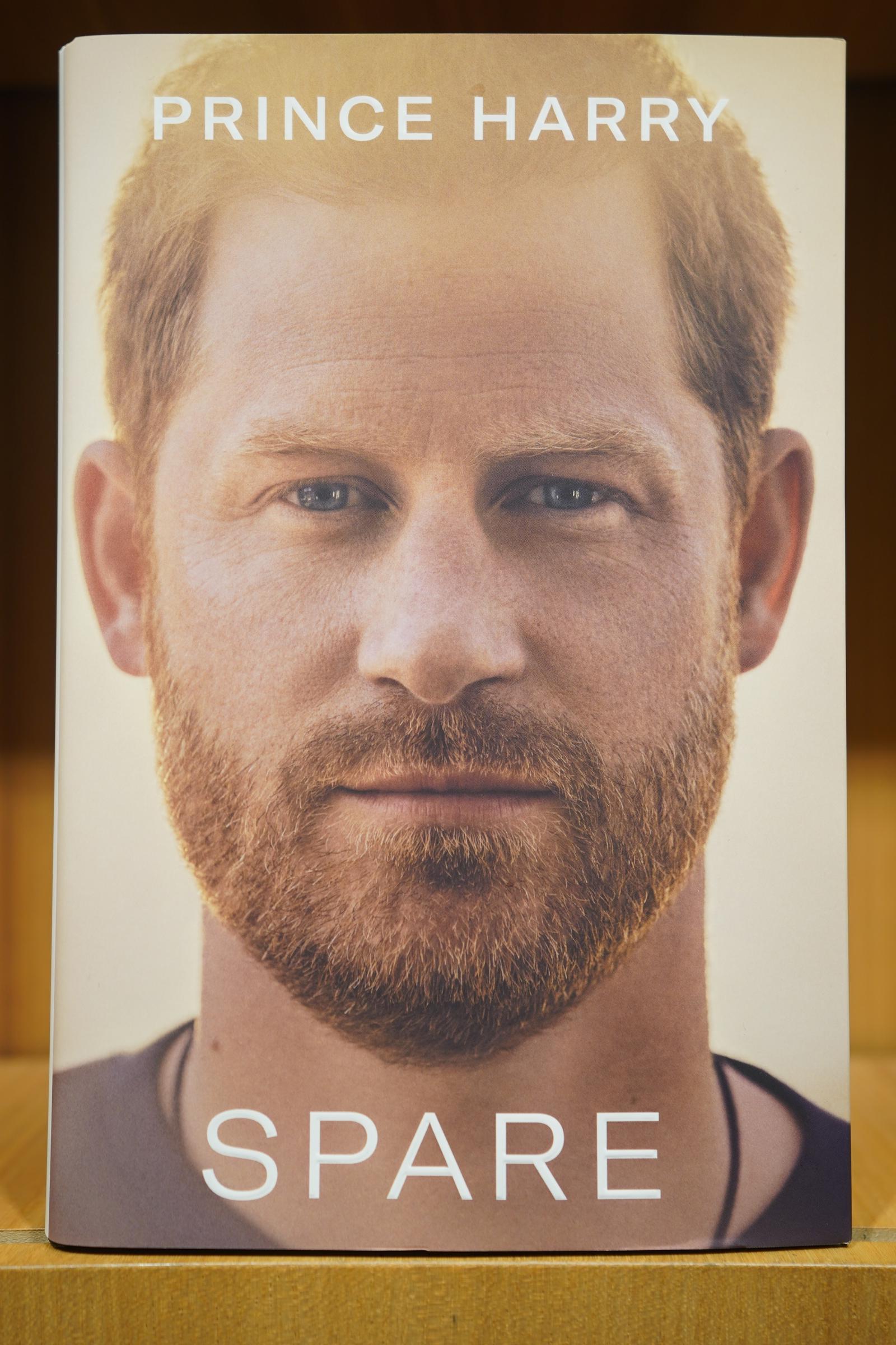 The front cover of the newly released autobiography from the Duke of Sussex, titled Spare, on display at Waterstones Piccadilly on 10 January 2023 in London. | Source: Getty Images