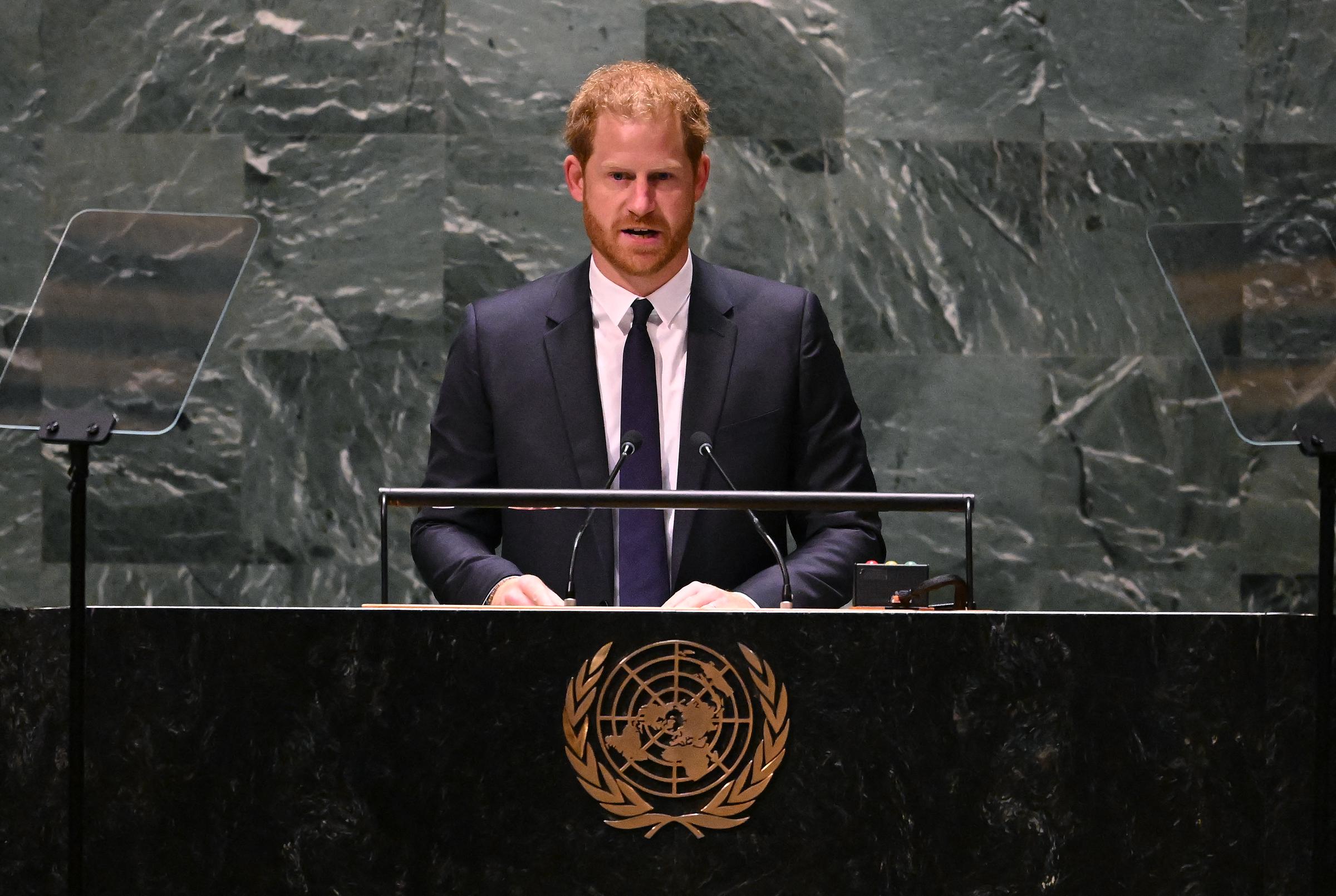 Prince Harry, Duke of Sussex, delivers the keynote address during the 2020 UN Nelson Mandela Prize award ceremony at the United Nations in New York on 16 July 2022. | Source: Getty Images