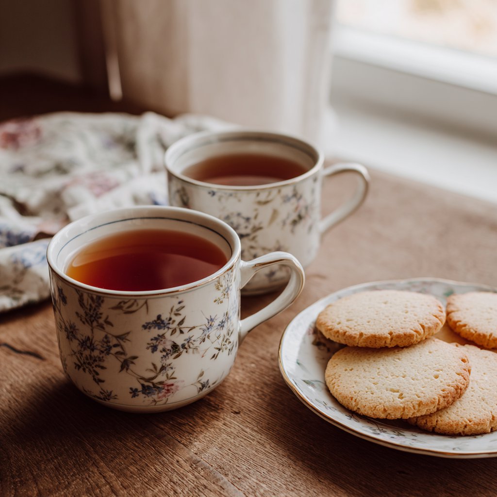 Cups of tea and a plate of cookies on a table | Source: Midjourney