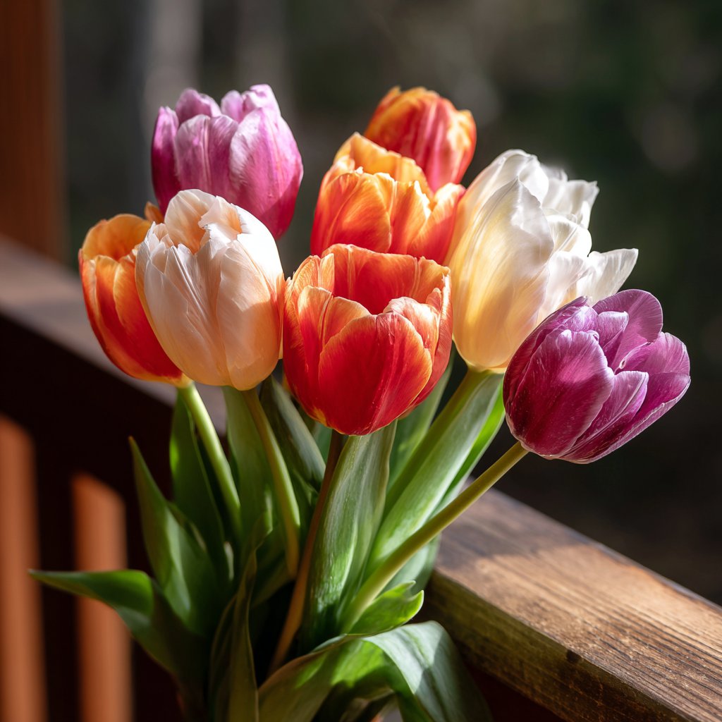 A bunch of tulips on a porch | Source: Midjourney