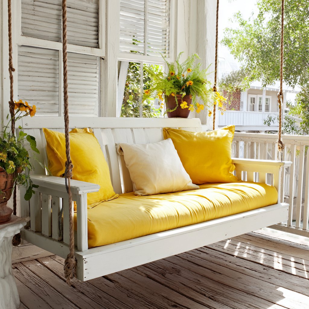 A white and yellow porch swing | Source: Midjourney
