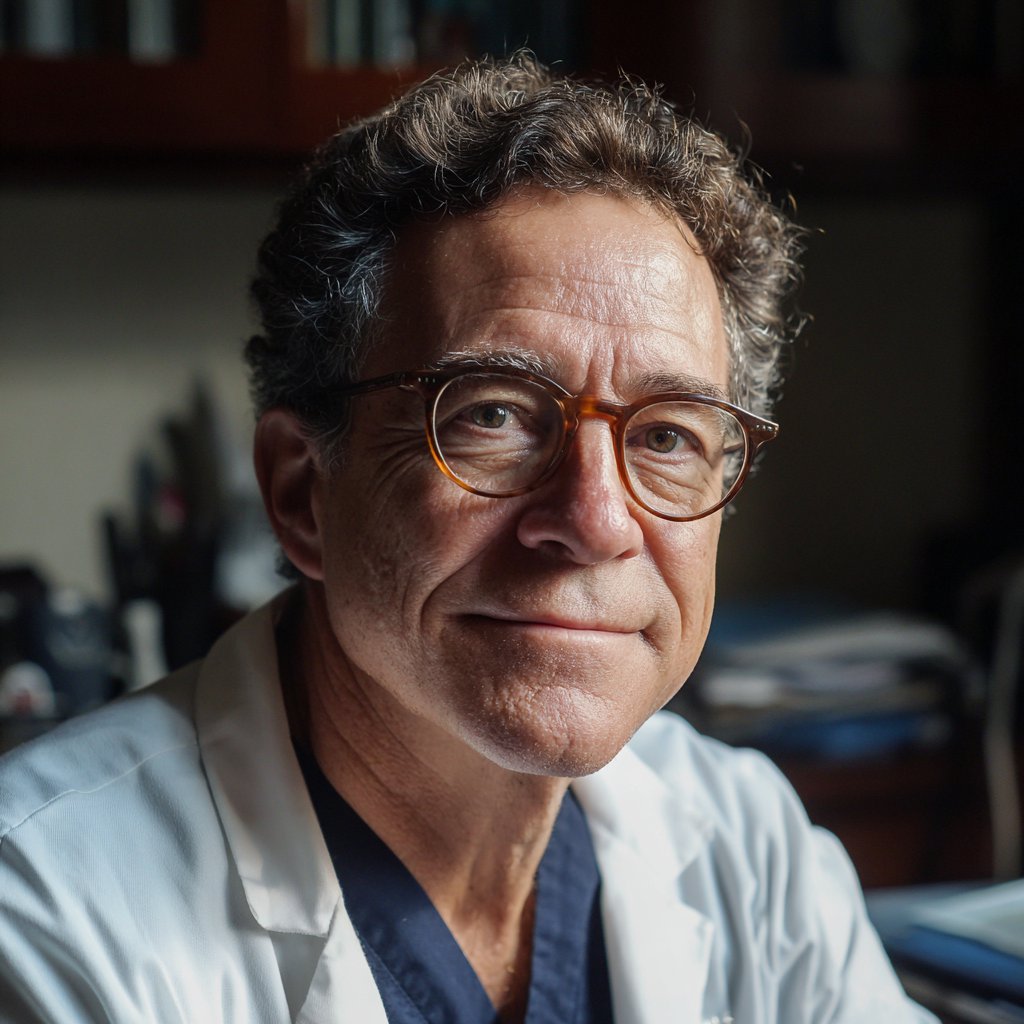 A smiling doctor sitting in his office | Source: Midjourney