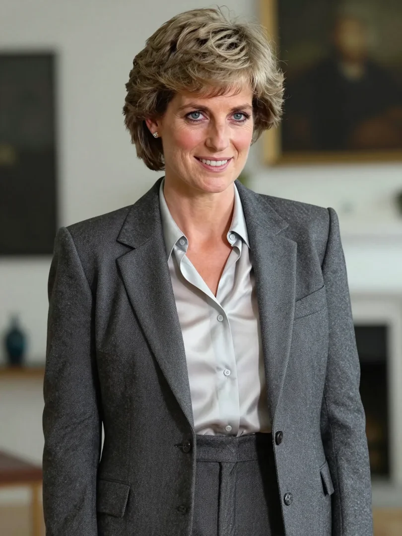 In this digitally rendered portrait, Diana, former Princess of Wales, stands in a modern interior dressed in a smart grey suit, her expression both welcoming and assured. The image hints at a woman who might have continued public service well into her later years, commanding attention without ever seeking it. | Source: Grok