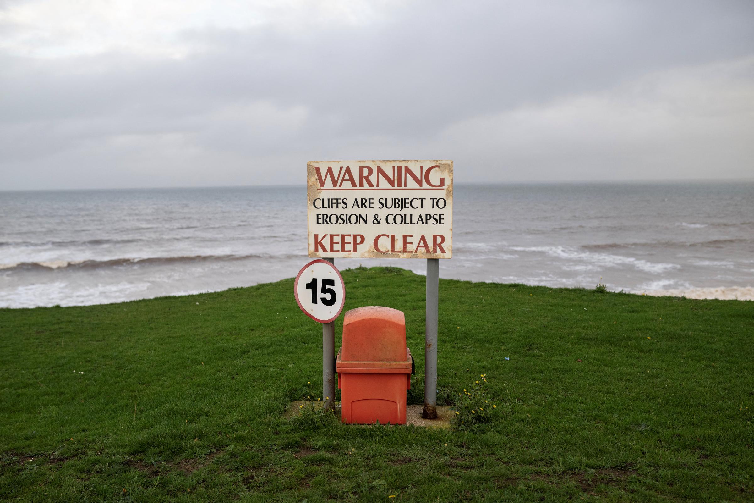 A sign on the Cliff Top Caravan Park on the North Sea coast in an area which is experiencing intense coastal erosion in the East Riding of Yorkshire, England, photographed on November 13, 2025. | Source: Getty Images