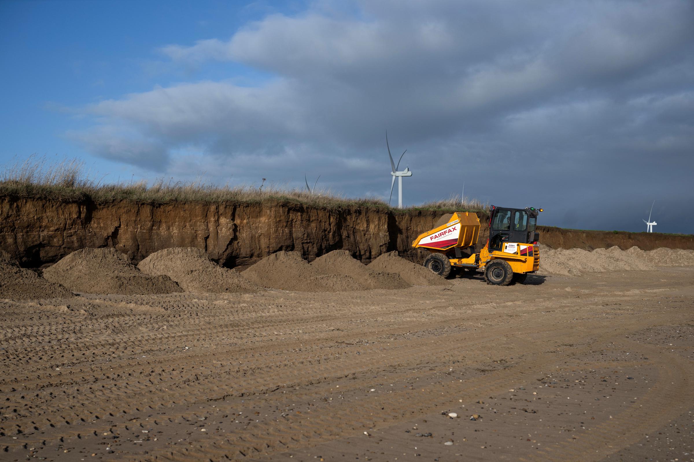 Earth is deposited at the base of cliffs on Fraisthorpe Beach on the North Sea coast which are experiencing intense coastal erosion in the East Riding of Yorkshire, England, on November 13, 2025. | Source: Getty Images