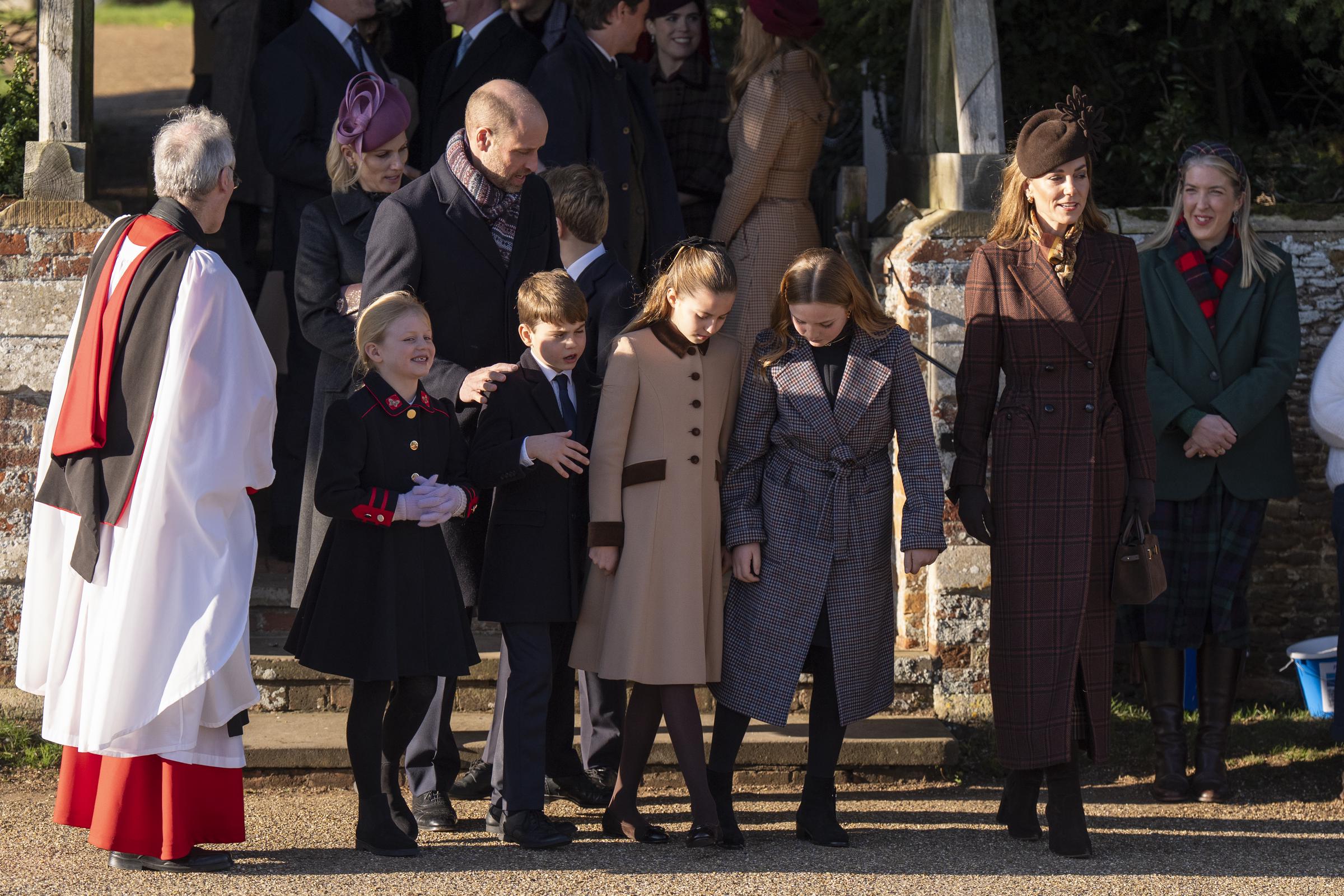 (L-R) Lena Tindall, Prince William, Prince George, Prince Louis, Princess Charlotte, Mia Tindall and Catherine, Princess of Wales, attend the Christmas Morning Service at Sandringham Church on 25 December 2025 in Sandringham, Norfolk. | Source: Getty Images