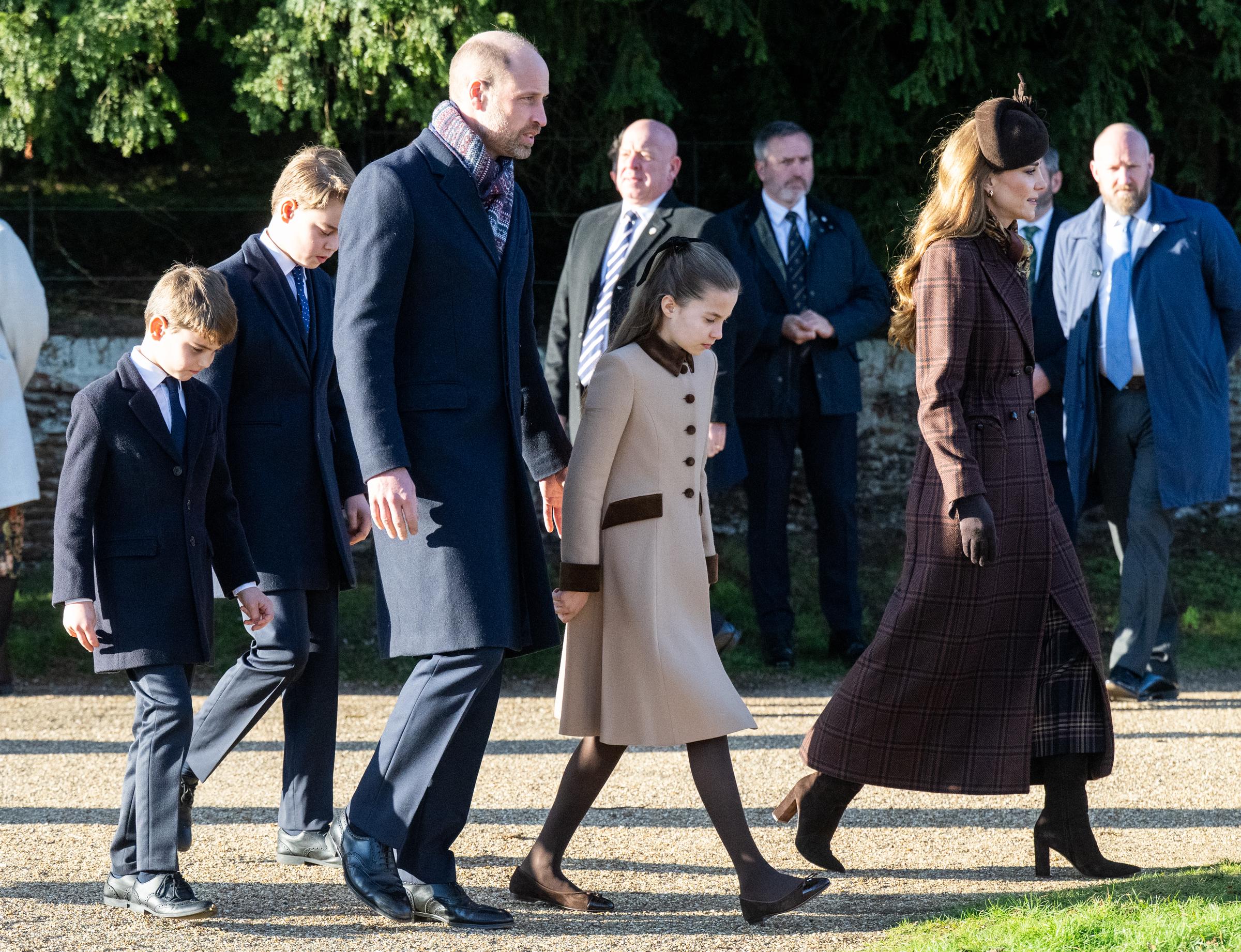 (L-R) Prince Louis, Prince George, Prince William, Princess Charlotte, and Catherine, Princess of Wales, attend the Christmas Morning Service at Sandringham Church on 25 December 2025 in Sandringham, Norfolk. | Source: Getty Images