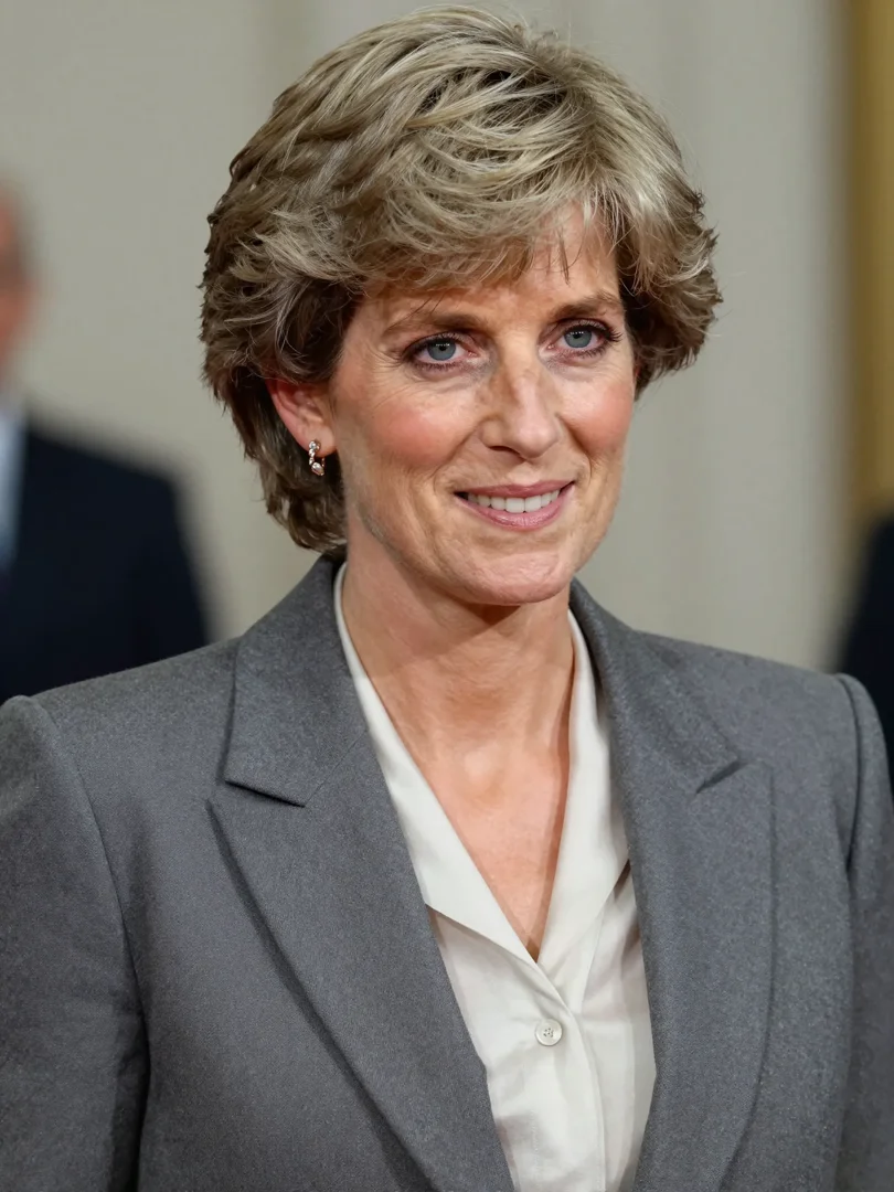 A more solemn take on Princess Diana at 64, this AI depiction imagines her in a shimmering silver jacket, eyes filled with quiet depth. Her expression is calm yet reflective, as though carrying the weight of experience — a woman shaped by history but never defined by it. | Source: Grok