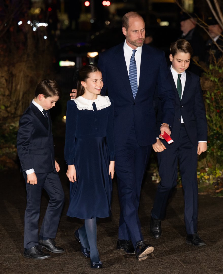 Prince Louis, Princess Charlotte, William, Prince of Wales, and Prince George arrive in coordinated navy looks for the 