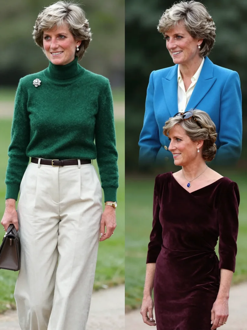 Here, Princess Diana is reimagined in both formal and casual moments — a green knit jumper and cream trousers suggest ease and warmth, while a cerulean blazer paired with pearls channels confident professionalism. These contrasting portrayals offer a window into the graceful versatility she was known for. | Source: Grok