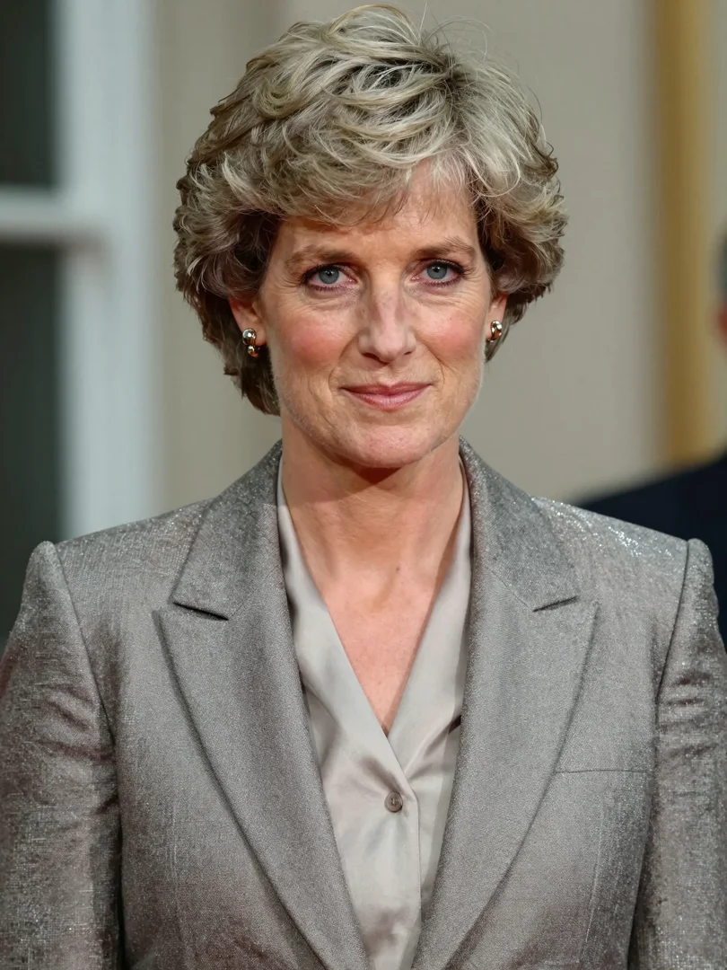 With a poised expression and gently weathered grace, this simulation presents Princess Diana in her 60s, standing against a blurred backdrop that draws all focus to her steady gaze. Her short, layered hair and classic grey ensemble evoke a woman whose elegance would have only deepened with age. | Source: Grok