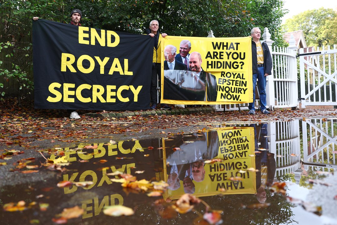 Activists from the anti-monarchy group Republic staging a protest at the entrance to Windsor Great Park and Royal Lodge where Andrew Mountbatten-Windsor lived on October 21, 2025, in Windsor, England. | Source: Getty Images