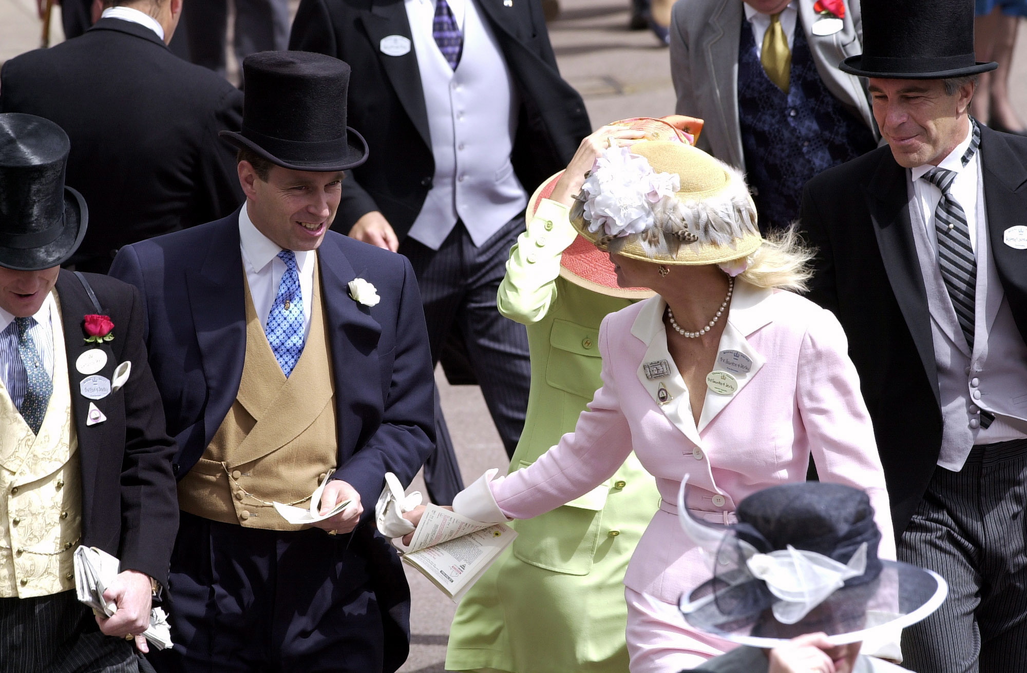Prince Andrew and Jeffrey Epstein at Royal Ascot Race Meeting with Edward and Caroline Stanley, the Earl and Countess of Derby, on June 22, 2000. | Source: Getty Images