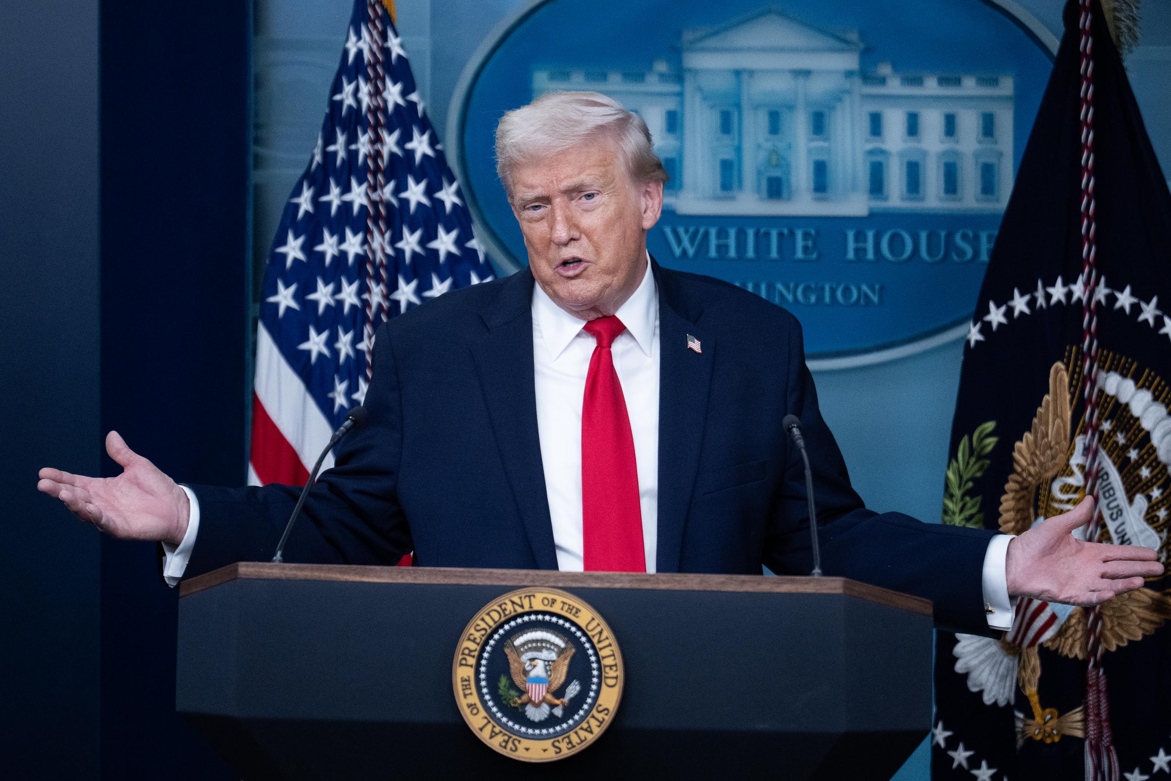 U.S. President Donald Trump speaks to the media in the White House briefing room about the administration's accomplishments on the anniversary of his first year of his second term in office, on 20 January 2026 in Washington, D.C. | Source: Getty Images