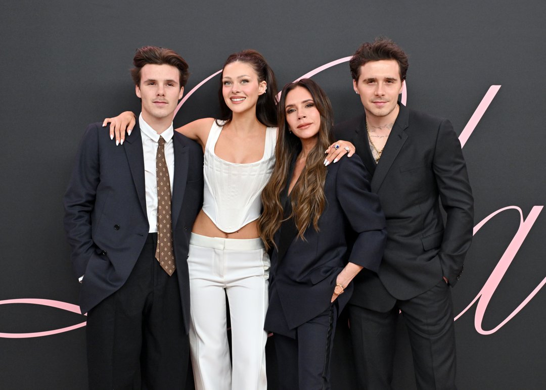 Cruz and Victoria Beckham with Nicola and Brooklyn Peltz Beckham at the premiere of