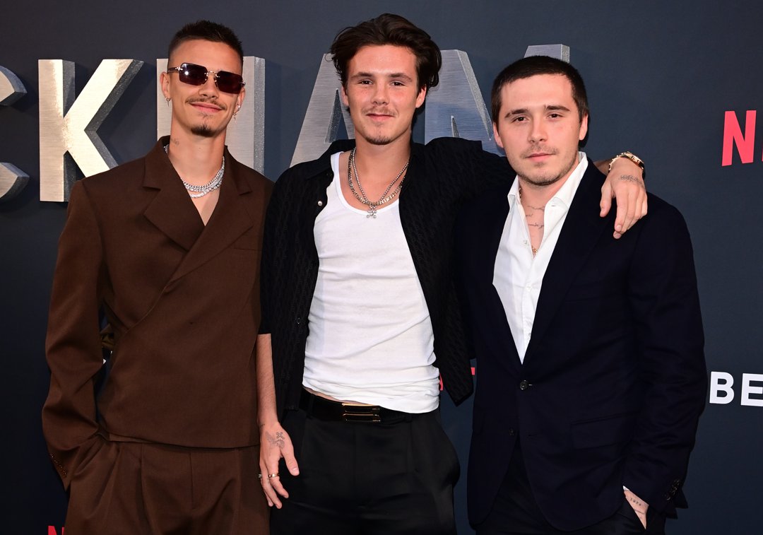 Romeo and Cruz Beckham with Brooklyn Peltz Beckham at the Netflix 