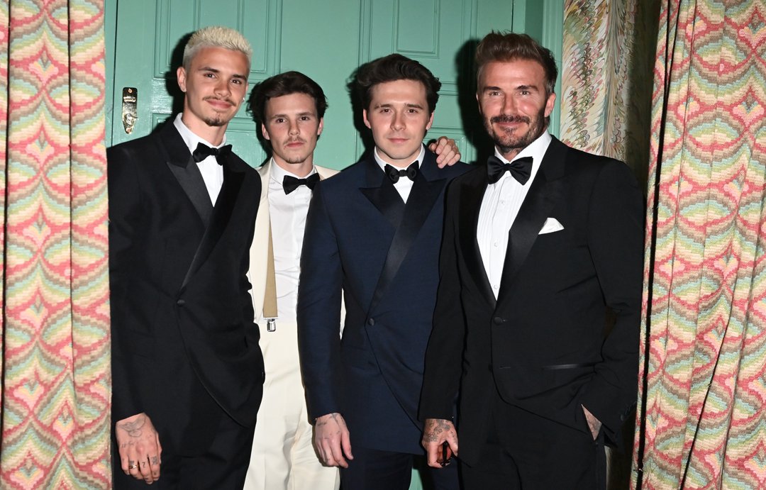 Romeo Beckham, Cruz Beckham, Brooklyn Peltz Beckham, and David Beckham during Victoria Beckham's birthday celebration on April 20, 2024, in London, England. | Source: Getty Images