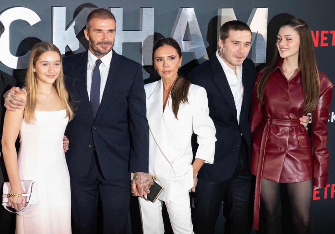 Harper, David, and Victoria Beckham with Brooklyn and Nicola Peltz Beckham at the Netflix 