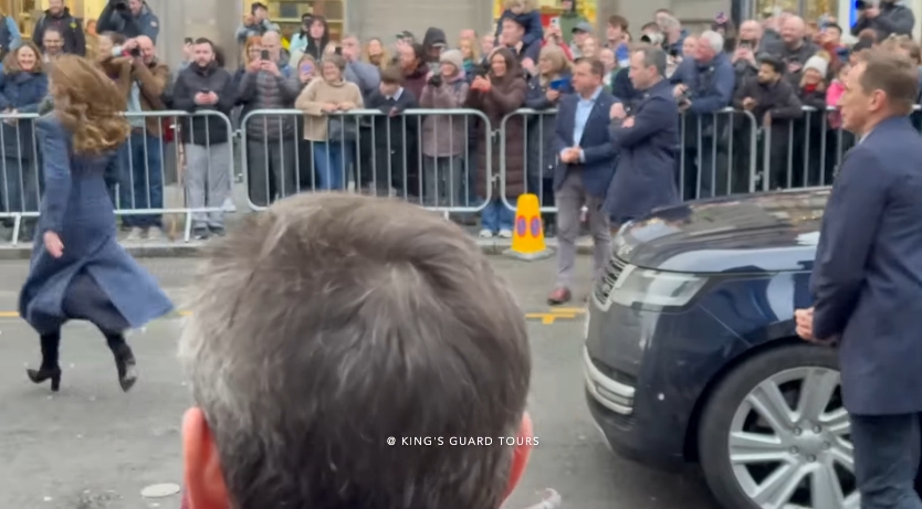 Just as the royal motorcade prepared to depart, Princess Kate was seen running back toward the crowd after spotting a disappointed fan. Her coat flowing behind her, the Princess made a spontaneous dash through the cordon, drawing cheers from onlookers in what became one of the most talked-about moments of the day. | Source: YouTube/King's Guard Tours