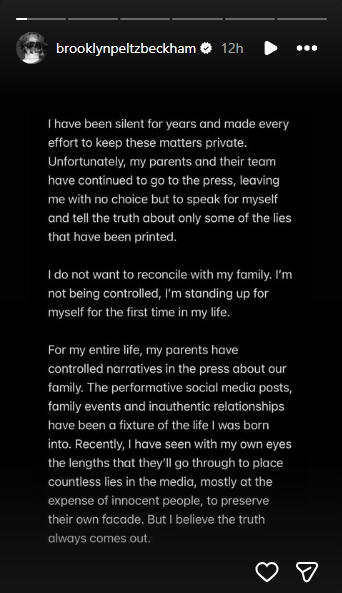 Brooklyn Peltz Beckham opened his statement by accusing his parents of manipulating media narratives and said he had no interest in reconciling with them. The statement was shared on his Instagram story on January 19, 2026. | Source: Instagram/brooklynpeltzbeckham