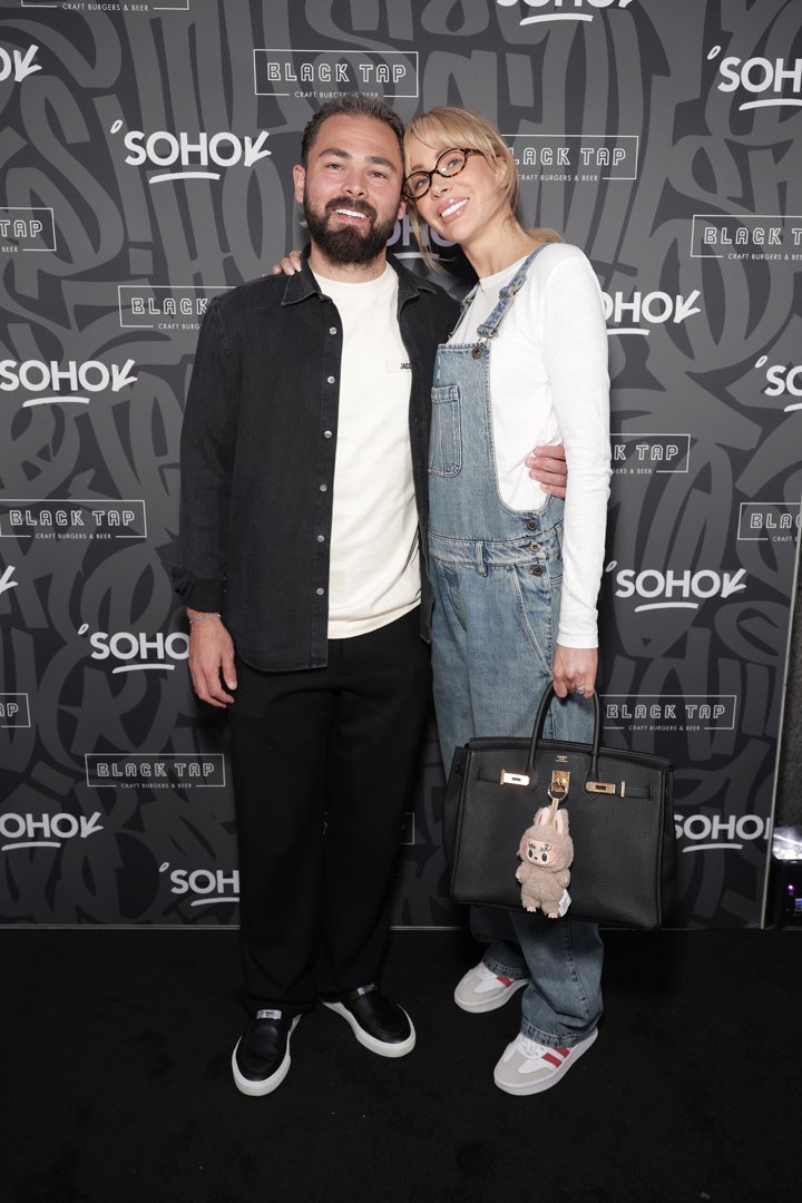 Bradley Dack and Olivia Attwood arrive at the Black Tap UK party to celebrate the launch of its flagship UK site in Soho on 15 April 2025 in London, England. | Source: Getty Images