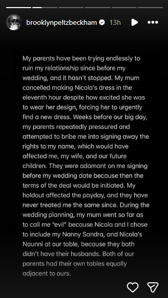 He alleged that his parents tried to pressure him into signing away the rights to his name just before his wedding and described a dramatic fallout tied to those efforts. | Source: Instagram/brooklynpeltzbeckham