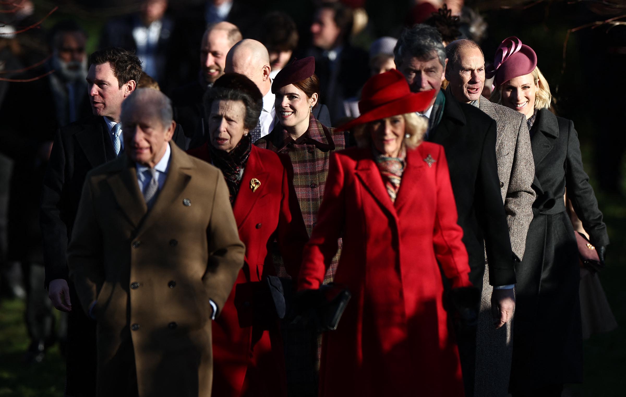 A wider view shows the Royal Family departing the church grounds at Sandringham on Christmas Day, with King Charles III, Queen Camilla, Anne, Princess Royal, and Princess Eugenie among those in attendance. The carefully choreographed tradition once again drew close attention, with even the smallest interactions dissected by observers.