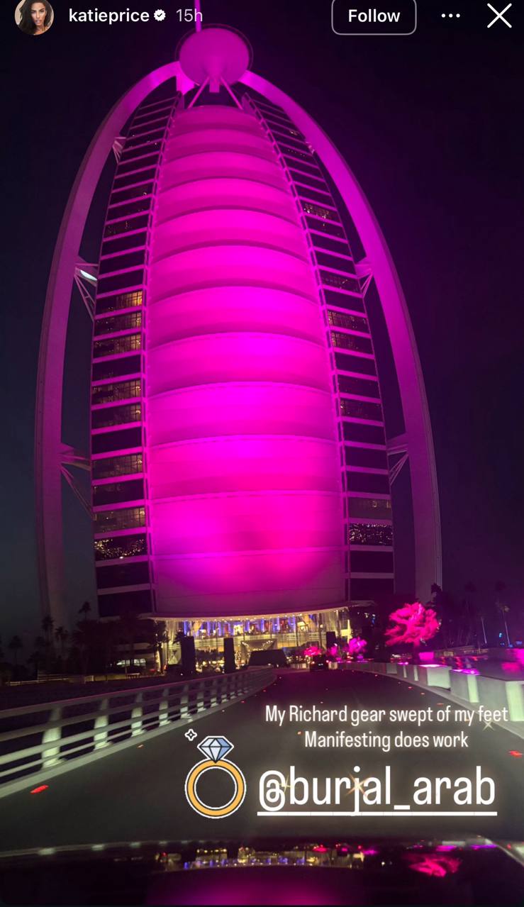 Dubai's skyline lit up in dreamy pink behind her as Price captured the moment in full glam mode, gushing over her very own Richard Gere who, she claimed, had swept her right off her feet. | Source: Instagram/katieprice