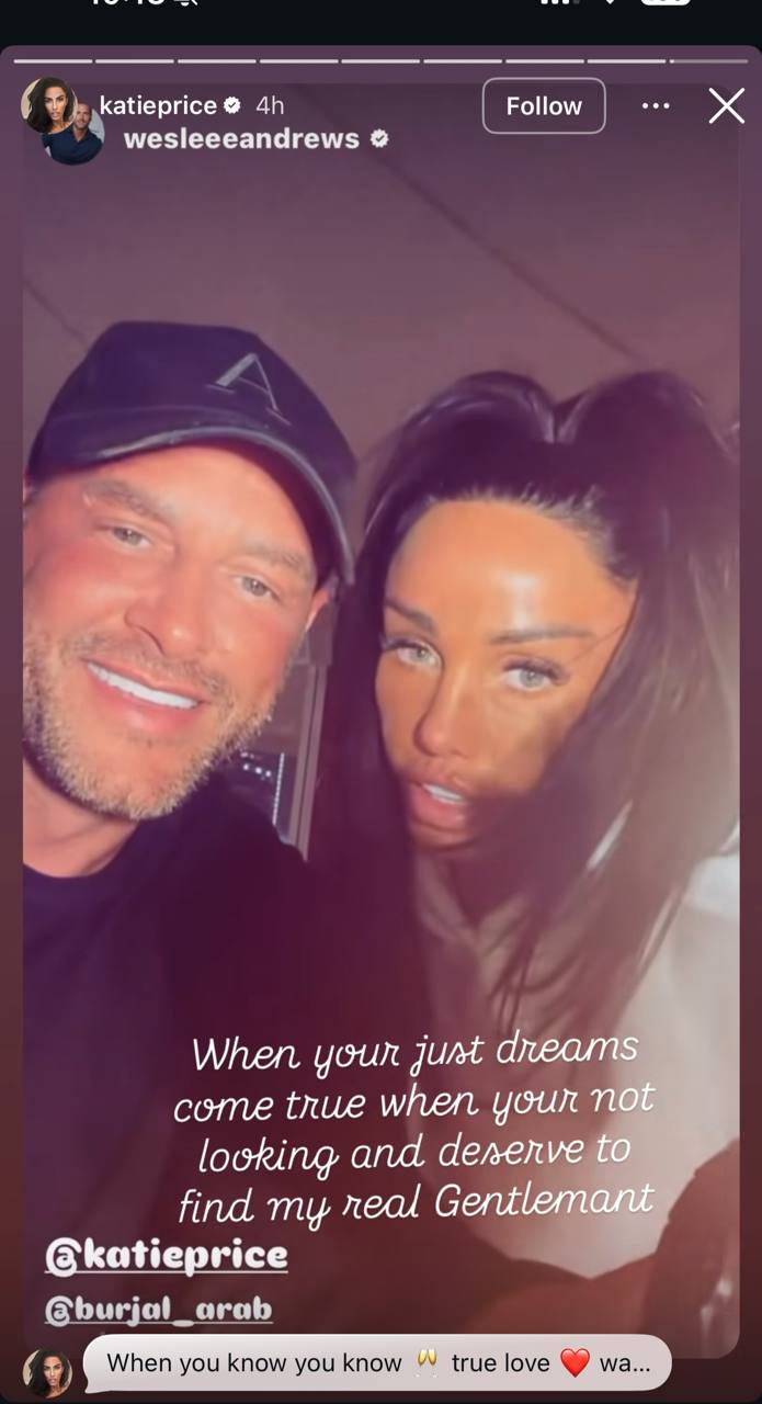 Giving fans a rare peek at Lee Andrews, Price reshared her fiance's lovestruck selfie as the pair snuggled up close, declaring she finally found her