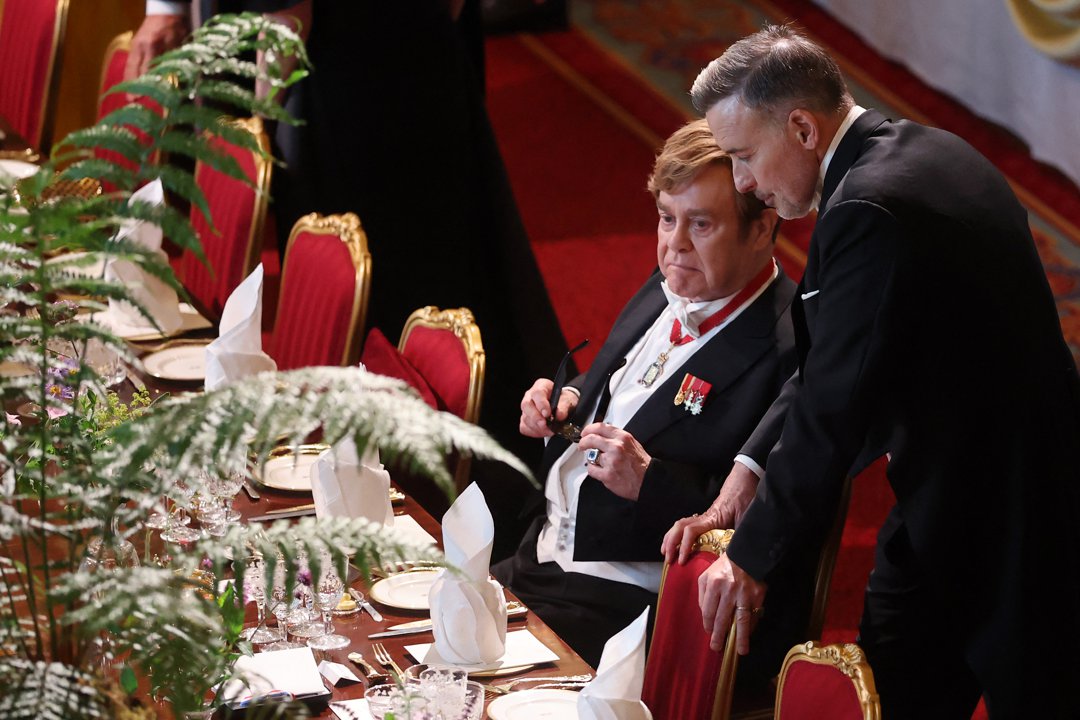 Sir Elton John and his husband, David Furnish, at a State Banquet at Windsor Castle on July 8, 2025, in London, England. | Source: Getty Images