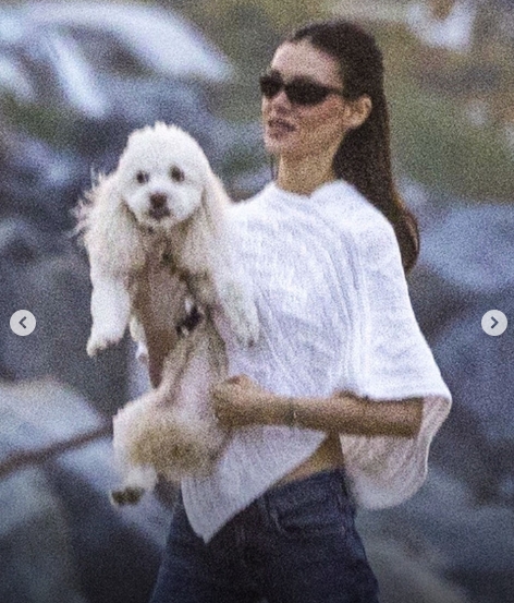 Nicola Peltz Beckham smiles as she holds the couple’s dog during their sunset stroll in Malibu. She wore a white poncho-style top, flared jeans, and dark sunglasses. | Source: Instagram/dailymailuk
