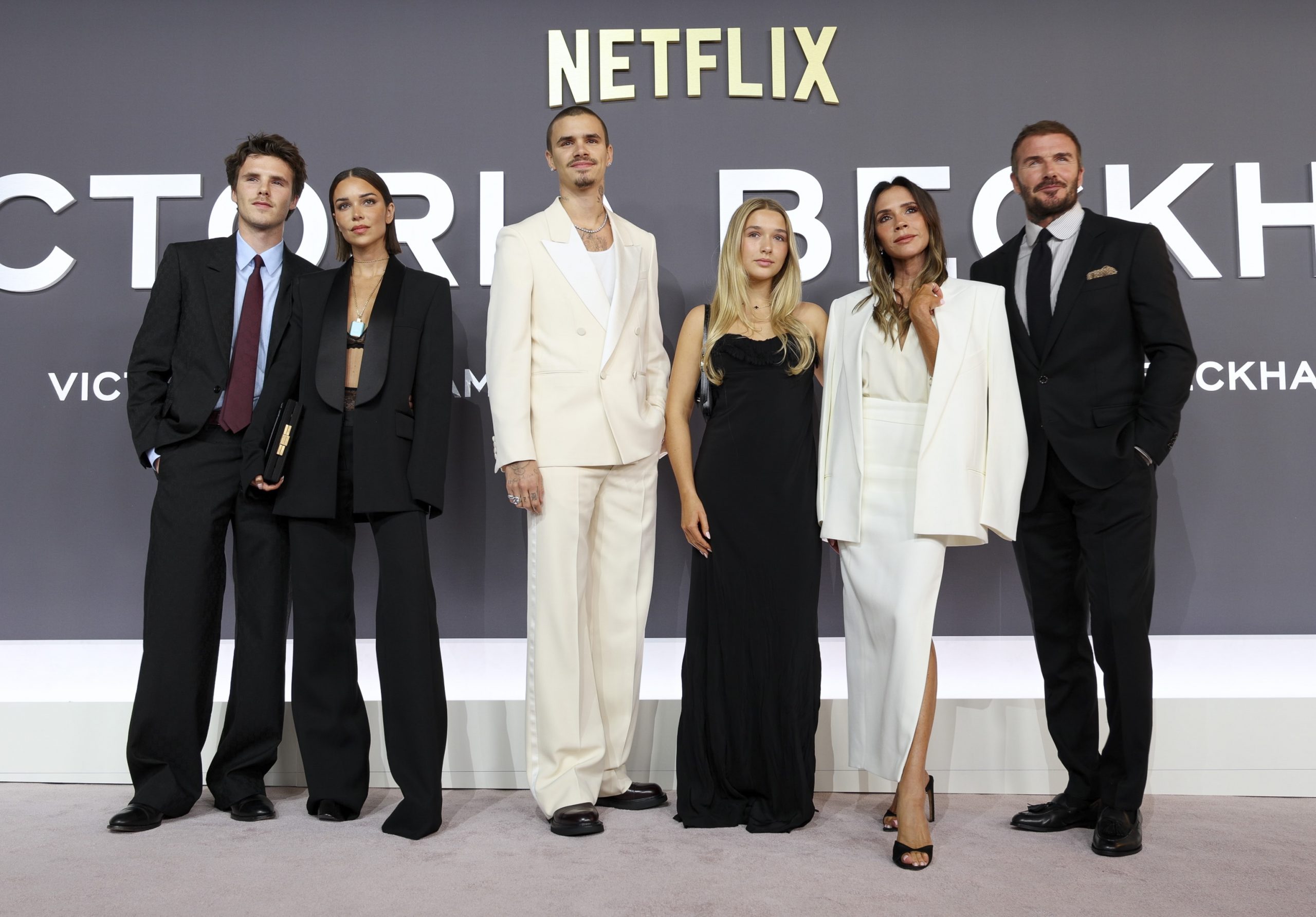 Cruz Beckham, Jackie Apostel, Romeo Beckham, Harper Beckham, Victoria Beckham and David Beckham attend the