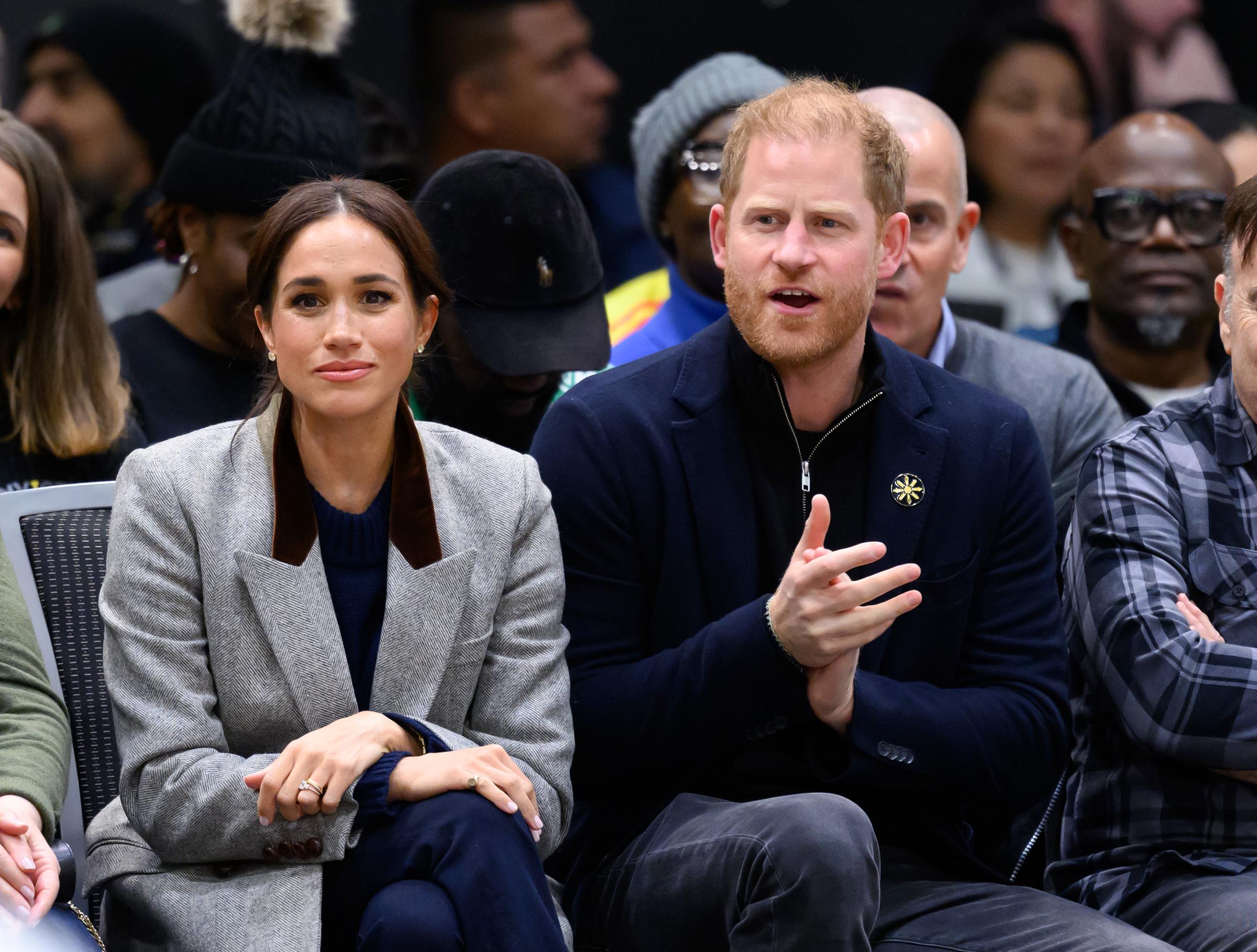 The Duchess and Duke of Sussex at the wheelchair basketball match between the USA and Nigeria during Day 1 of the 2025 Invictus Games on February 9 in Vancouver, Canada. | Source: Getty Images