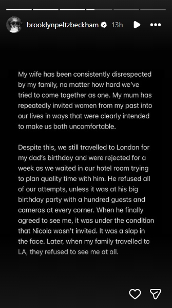 Brooklyn Peltz Beckham said his father, David Beckham, refused to see him in London unless it was at his large public birthday party, later agreeing to meet only if Nicola Peltz Beckham did not attend. | Source: Instagram/brooklynpeltzbeckham